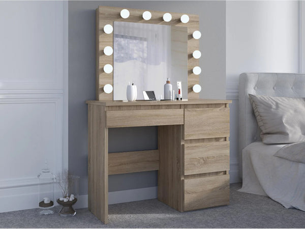 Masa de toaleta si machiaj Hollywood cu oglinda LED si 4 sertare, 94x43x140 cm, stejar