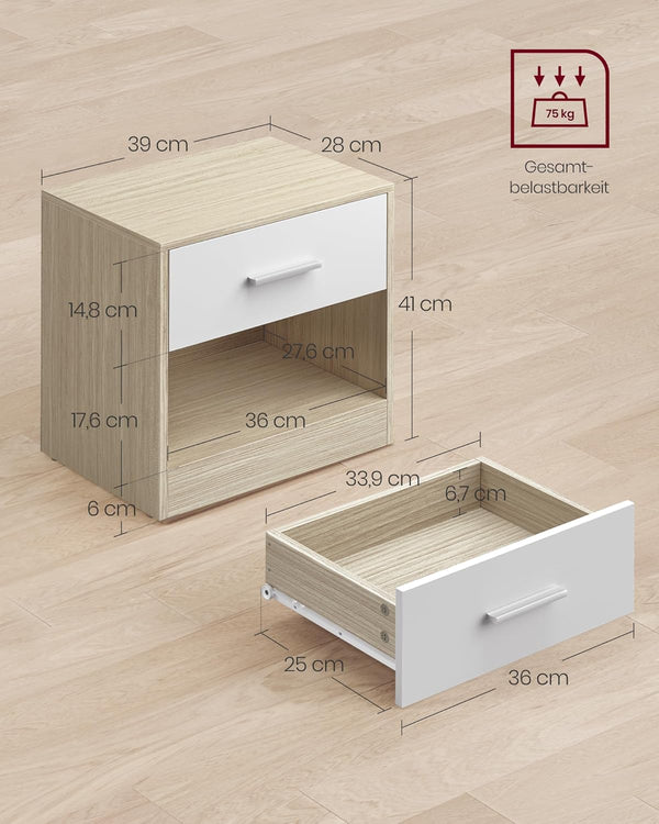 VASAGLE Set 2 noptiere 39x28x41 cm, cu sertar si compartiment deschis, PAL bej natur si alb