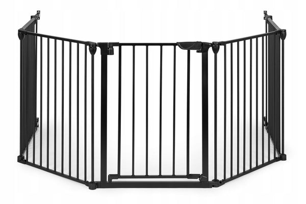 Bariera de siguranta pliabila 300x74 cm, 5 panouri si poarta cu blocare automata, metal si plastic, neagra