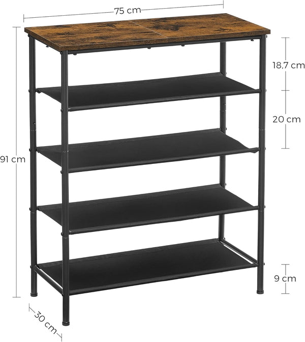 VASAGLE Suport pantofi 75x30x91 cm, 5 niveluri, rafturi textile si blat PAL, cadru metalic, maro rustic si negru