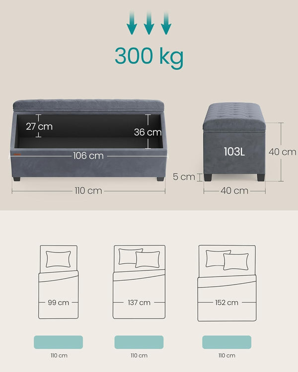 SONGMICS Banca cu spatiu de depozitare 110x40x40 cm, 103 litri, tapitata cu catifea, MDF si spuma, gri