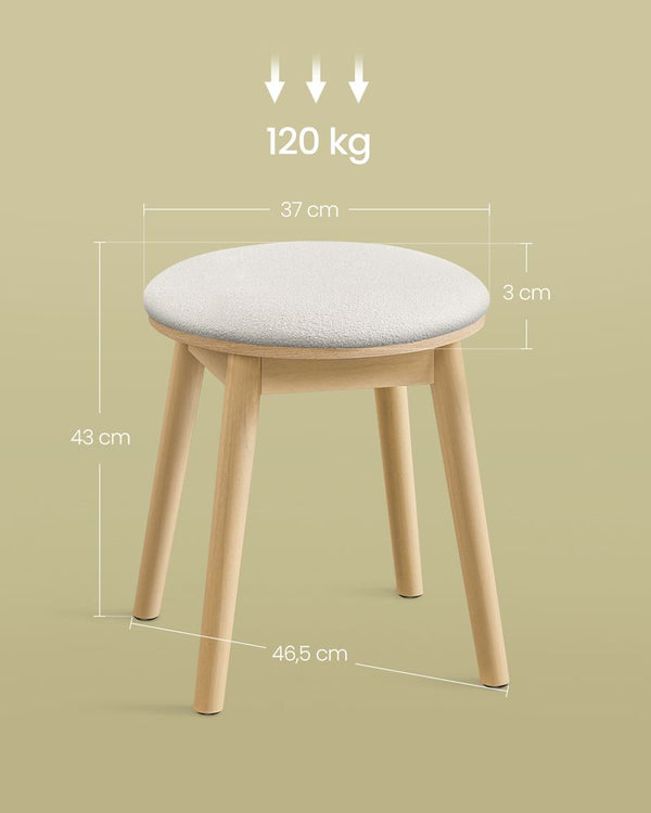 SONGMICS Taburet rotund boho cu picioare din lemn si sezut moale, 37x37x43 cm, alb crem