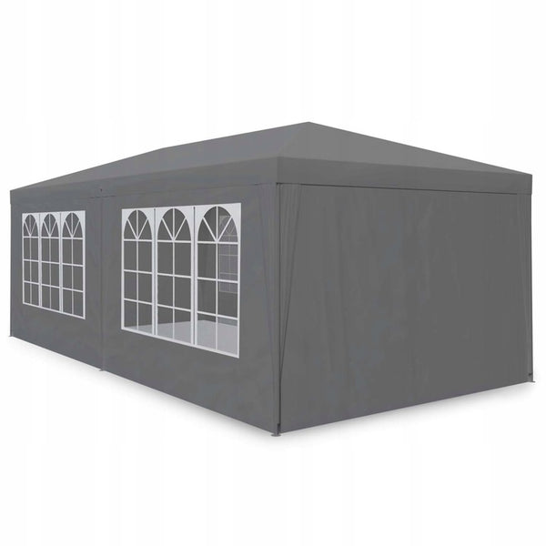 Cort de gradina 300x600 cm, 6 pereti detasabili cu ferestre si usa, structura metalica, PE impermeabil, gri