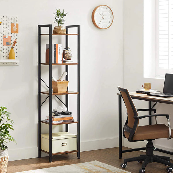 VASAGLE Raft cu 5 etaje, tip biblioteca, cadru metal si polite lemn, 40x30x153cm, industrial, maro rustic si negru