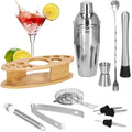 Set Cocktail Shaker Kit pentru barmani 550ml, KI24, suport bambus, 11 piese