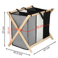 Cos de rufe cu 3 compartimente, cadru din lemn, 67x42x57 cm, 105 litri