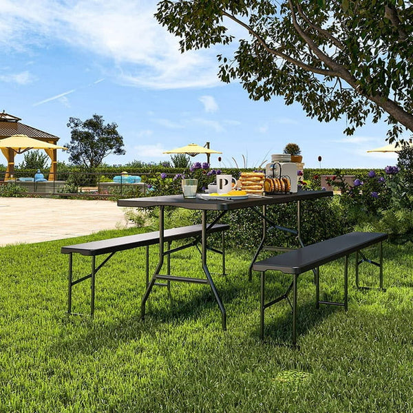 Set masa cu 2 banci pliabile tip valiza pentru gradina, camping sau evenimente, 180x70x74cm, negru