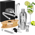 Set Cocktail Shaker Kit pentru barmani 550ml, KI24, suport bambus, 11 piese