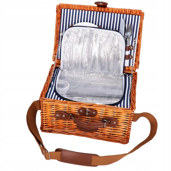 Cos de picnic echipat pentru 2 persoane Deluxe, din rachita, cu vesela si tacamuri, frigorific