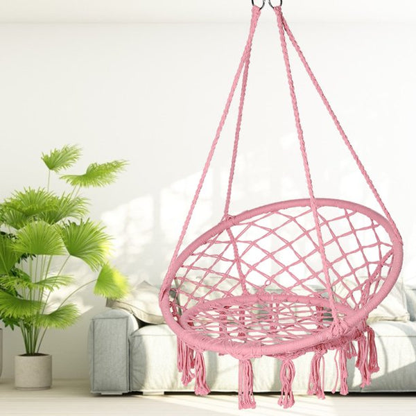Scaun rotund tip leagan suspendat pentru casa sau gradina SPR42, cu franjuri, 150kg, roz