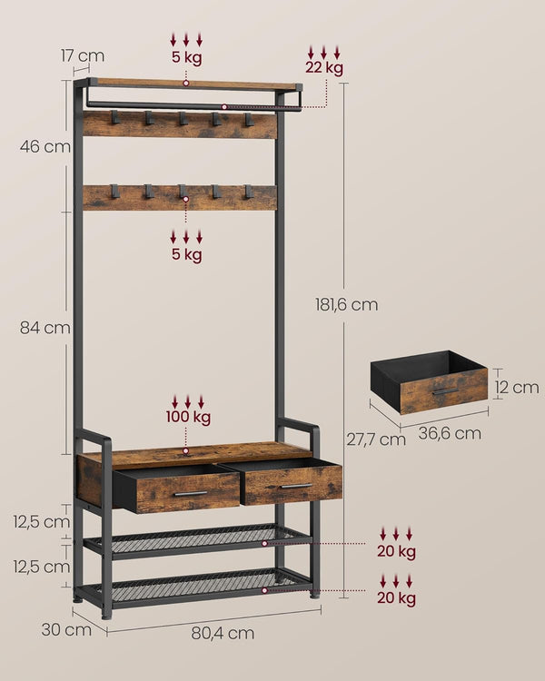VASAGLE Cuier cu polite de depozitare pantofi si 2 sertare, cadru din otel, stil industrial, 30x80x182cm, maro rustic