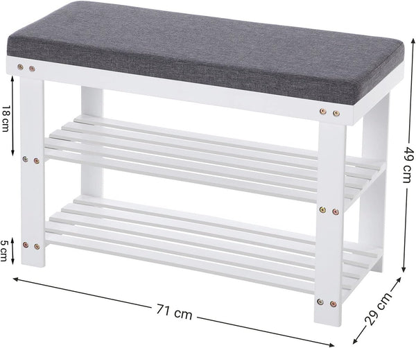 SONGMICS Banca pentru pantofi din bambus, 2 niveluri, cu perna, sarcina 150 kg, 71x29x49 cm, alb si gri