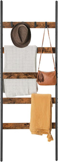 VASAGLE Cuier baie tip scara inclinata, cadru din otel cu 5 nivele, agatatori detasabile, 65x178cm, maro rustic si negru