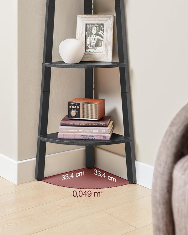 VASAGLE Raft de colt cu 4 etaje, tip biblioteca, cadru metal si polite lemn, 34x34x125 cm, negru