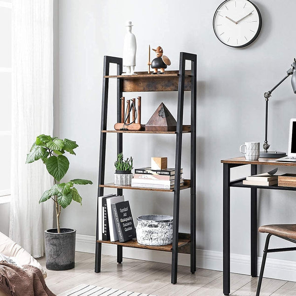 VASAGLE Biblioteca tip scara, cadru otel cu 4 polite din MDF, stil industrial, 56x34x138cm, maro rustic si negru