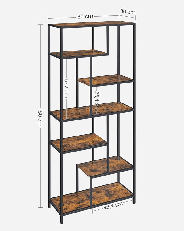 VASAGLE Biblioteca cu forma geometrica, pe 6 nivele, stil industrial, 30x80x180cm, maro rustic si negru