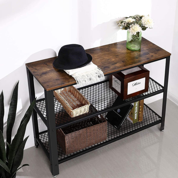 VASAGLE Masa de intrare, cadru metalic cu 3 polite din MDF, 35x102x80cm, maro rustic si negru