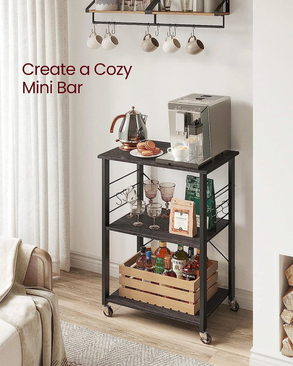 VASAGLE Raft de bucatarie pe roti, carucior de servire cu 3 rafturi, cadru metalic, 40x60x89 cm, design industrial, negru