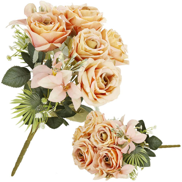 Buchet de flori artificiale din poliester, 9 fire trandafiri, 40cm, roz