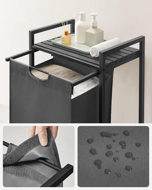 VASAGLE Cos de rufe, sac de rufe detasabil, raft, cadru metalic, 65L, 50x33x72 cm, negru si gri