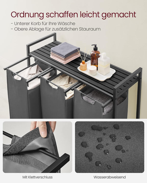 VASAGLE Cos de rufe, 3 compartimente, saci de rufe detasabili, raft, cadru metalic, 3x38L, 93x33x72 cm, negru