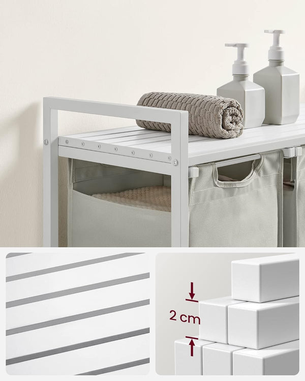 VASAGLE Cos de rufe, 3 compartimente, saci de rufe detasabili, raft, cadru metalic, 3x38L, 93x33x72 cm, alb
