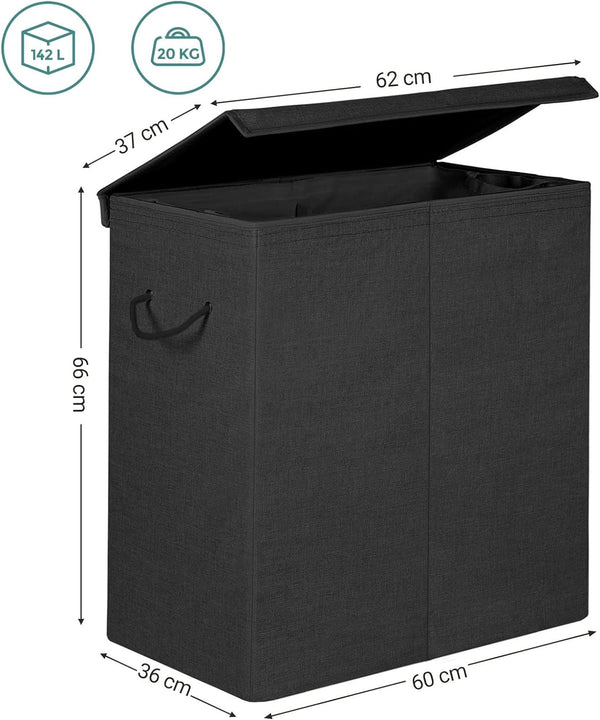 SONGMICS Cos de rufe textil, pliabil, 2 compartimente, saci detasabili, 142L, 60x36x66cm, negru