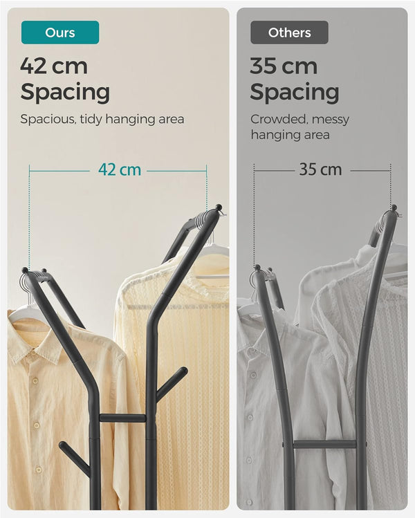 SONGMICS Suport pentru haine pe roti, cu polita, sina dubla, cadru metalic, sarcina 100kg, 53x104x155cm, negru