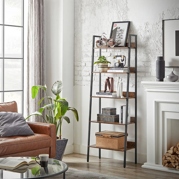 VASAGLE Biblioteca tip scara, cadru otel cu 5 polite, stil industrial, 60x30x170 cm, maro