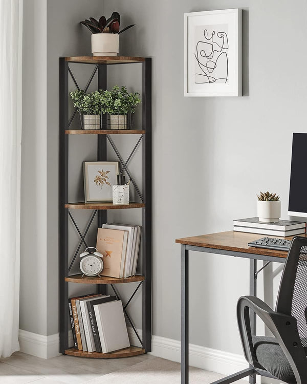 VASAGLE Biblioteca de colt cu 5 etaje, cadru metalic, stil industrial, 30x30x160 cm, maro rustic