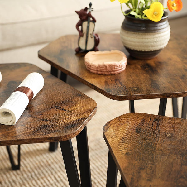 VASAGLE Set 3 mese de cafea suprapozabile, stil industrial, diametru 40, 51 si 59 cm, maro rustic