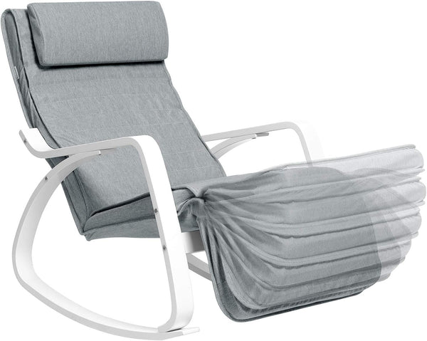 SONGMICS Scaun balansoar din lemn, suport picioare reglabil, maxim 150kg, 67x122x84cm, gri deschis
