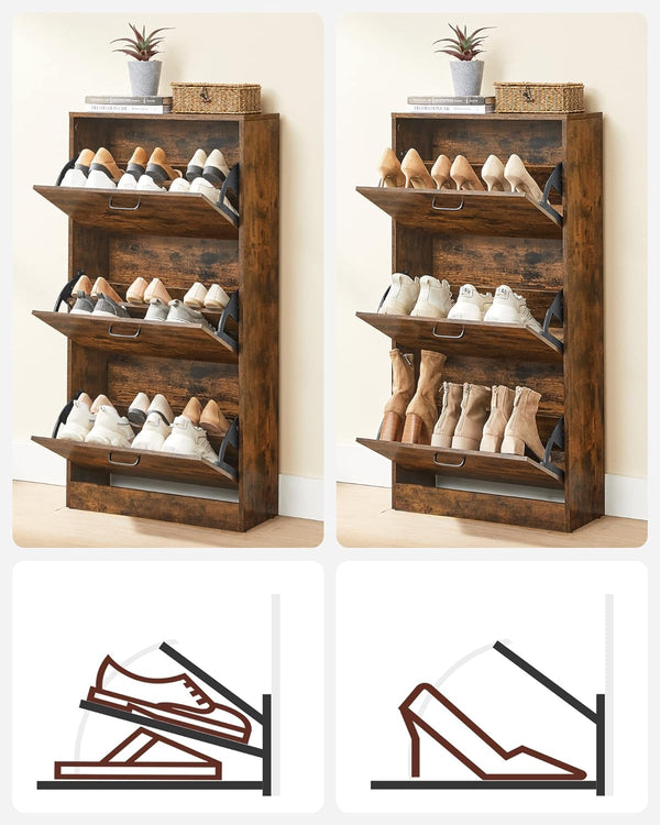 VASAGLE Dulap pantofi cu 3 usi rabatabile, din lemn, pentru 12-18 perechi, 60x24x120cm, maro rustic