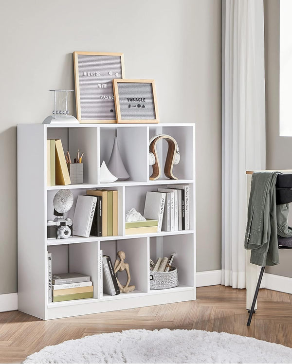 VASAGLE Biblioteca, raft cu 8 unitati de depozitare, pentru living, din lemn, 30x98x100cm, alb