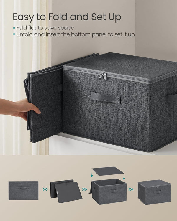 SONGMICS Set 3 cutii de depozitare pliabile, organizatoare pentru dulap, textil, 40x30x25 cm, gri
