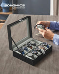 SONGMICS Cutie depozitare si organizare ceasuri, cu 10 locuri, piele sintetica, cu capac de sticla, 20x26x8cm, negru
