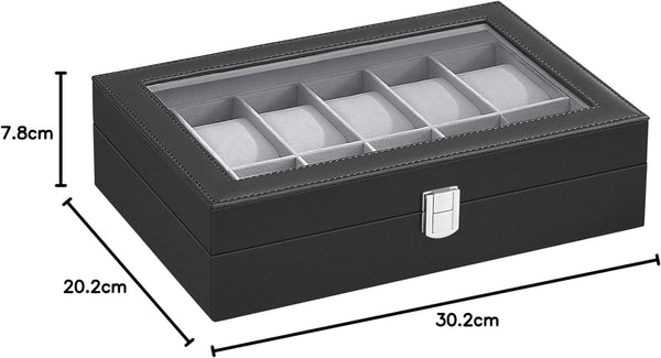 SONGMICS Cutie depozitare si organizare ceasuri, cu 12 locuri, piele sintetica, cu capac de sticla, 20x30x8cm, negru
