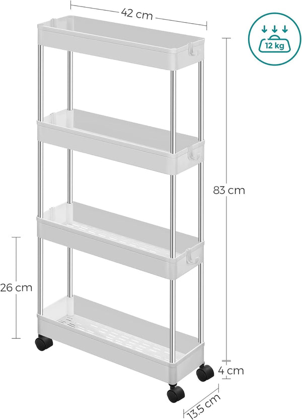 SONGMICS Carucior de depozitare pe roti, pentru bucatarie sau baie, din plastic, cu 4 nivele, 40x13x88cm, alb