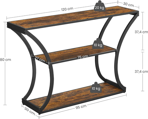 VASAGLE Masa de intrare cu picioare curbate, cadru otel si 3 polite lemn, stil industrial, 120x30x80cm, maro rustic si negru