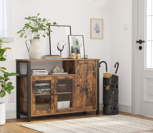 VASAGLE Dulap de depozitare tip bufet, cu 3 usi, stil industrial, 110x33x75cm, maro rustic si negru