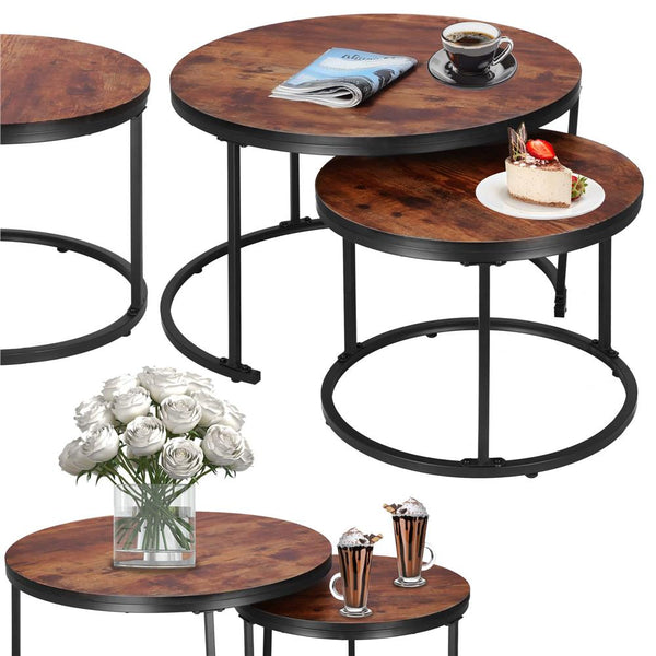 Set 2 mese pentru cafea suprapozabile, cadru otel, 70x70x47 cm si 50x50x40 cm, maro