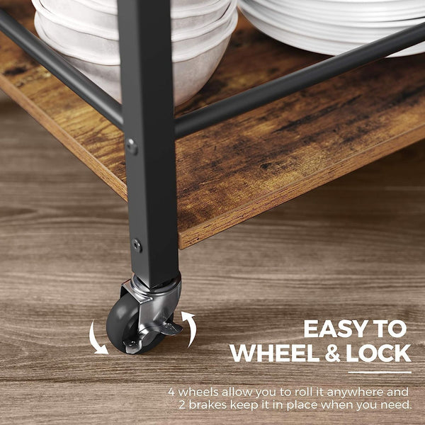 VASAGLE Carucior de servire pe roti pentru bucatarie, 3 polite, tava detasabila, stil industrial, 40x72x86cm, maro rustic