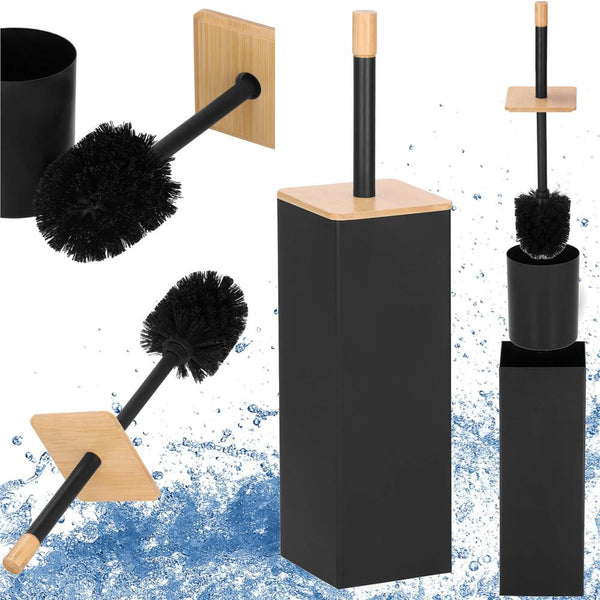 Perie WC cu rezervor detasabil si capac, din metal si bambus, 40 cm, negru