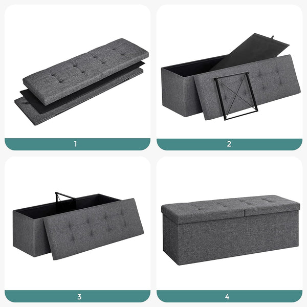 SONGMICS Taburet pliabil cu sezut moale, spatiu de depozitare 120litri, maxim 300kg, 110x38x38cm, gri