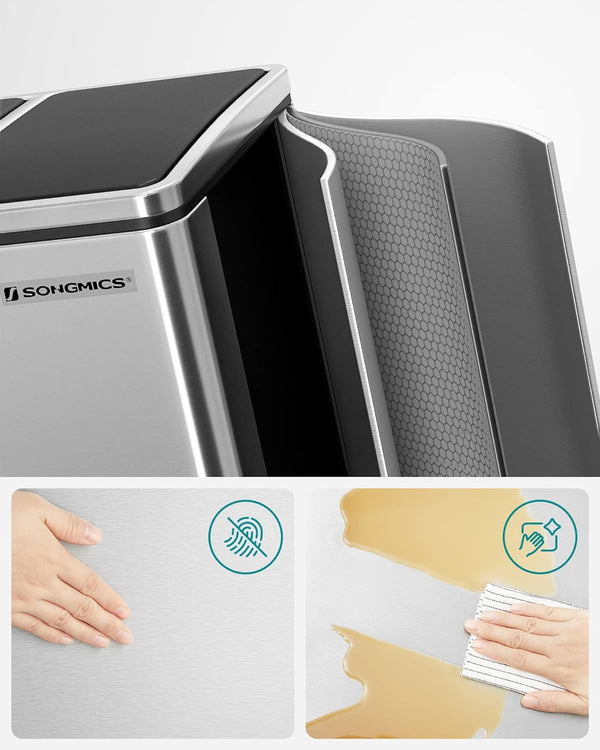 SONGMICS Cos de gunoi din inox cu 3 compartimente colectare selectiva, cu galeti interioare, 3x18litri, argintiu si negru