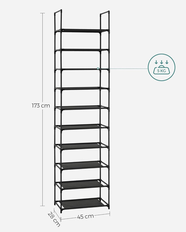 SONGMICS Raft de depozitare pantofi pe 10 niveluri, metal, instalare modulara, 28x45x173cm, negru