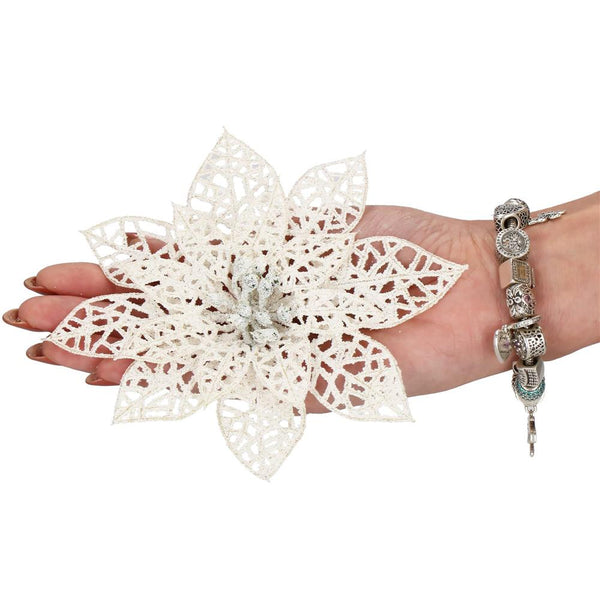 Set 10 ornamente pentru bradul de Craciun, stea Poinsettia, 14cm, alb cu sclipici