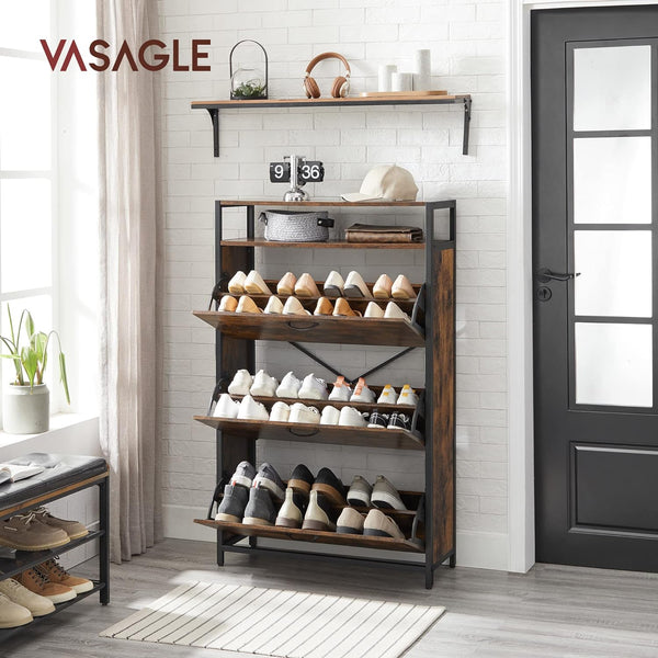 VASAGLE Dulap pantofi din MDF cu ​​3 usi basculante, pentru 15-24 perechi, 80x30x130cm, maro rustic