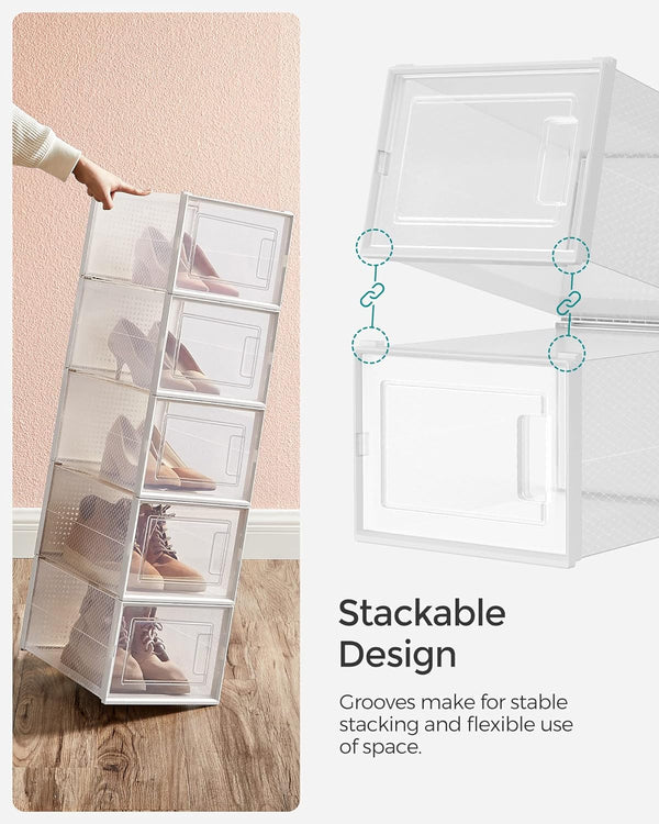 SONGMICS Cutii de pantofi, set de 18 organizatoare stivuibile, structura rezistenta ABS, 35x25x19cm, transparent