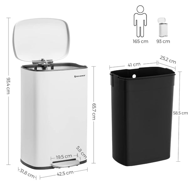 SONGMICS Cos de gunoi din otel cu pedala, galeata interioara plastic, capac inchidere lenta, 50L, 43x32x66cm, alb